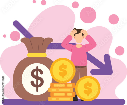 Stressed man with money loss illustration