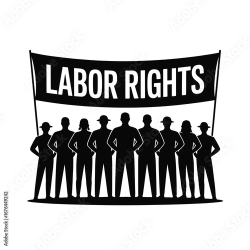 Group of silhouetted workers holding a banner declaring labor rights in a protest demonstration