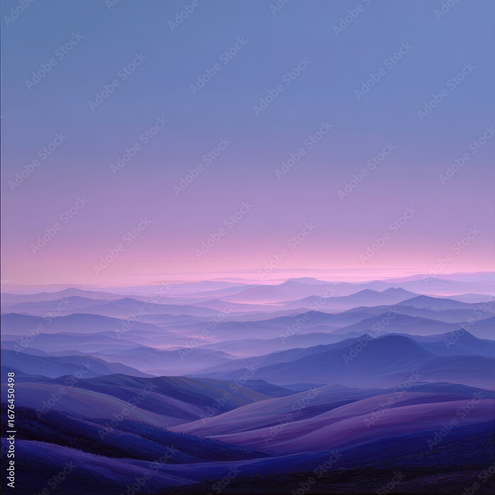Obraz premium Misty mountain range at dawn, soft purple and blue hues