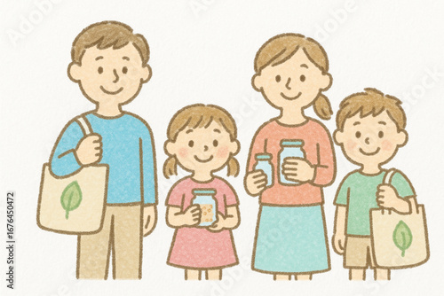 Crayon illustration of a smiling family with reusable bags