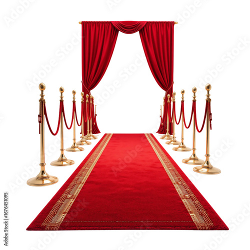 Red carpet runner flanked by gold stanchions and red velvet curtains red runner