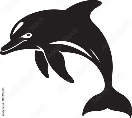 A black and white illustration of a dolphin in mid-jump against a white background.