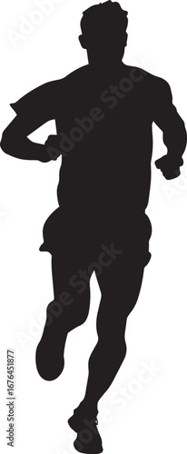 A black and white silhouette of a man running against a white background.