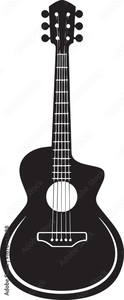 Obraz premium A black and white illustration of a guitar with a white background.