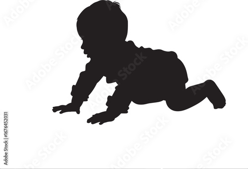 A black silhouette of a baby crawling on a white background.