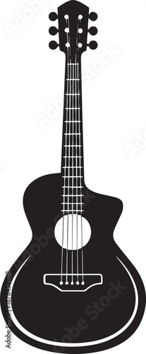 A black and white illustration of a guitar with a white background.