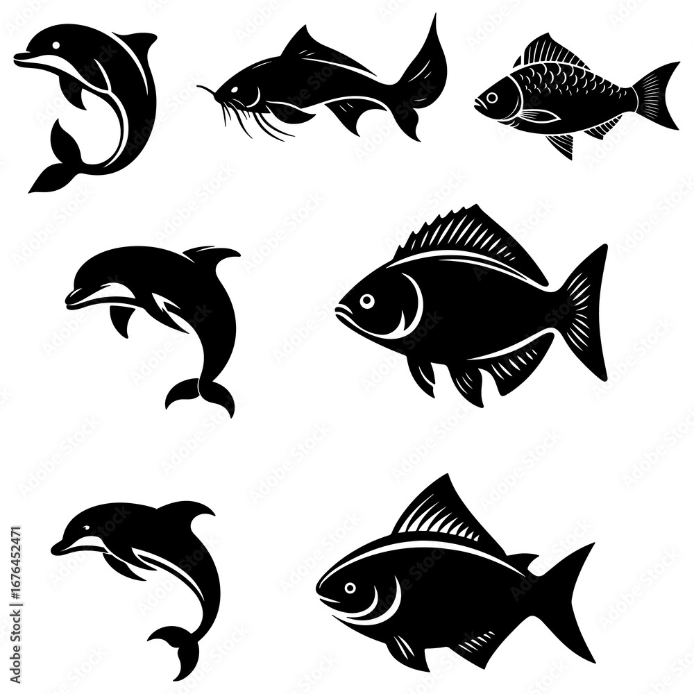 Fototapeta premium Fish and Crab Silhouette Collection