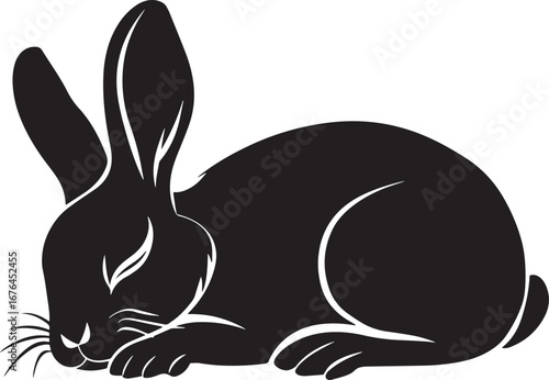 A black and white illustration of a rabbit in a relaxed pose.