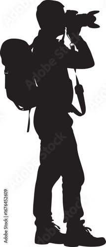 A silhouette of a photographer with a camera, wearing a backpack, against a white background.