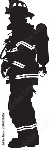 A black and white silhouette of a firefighter in full gear, standing against a plain background.