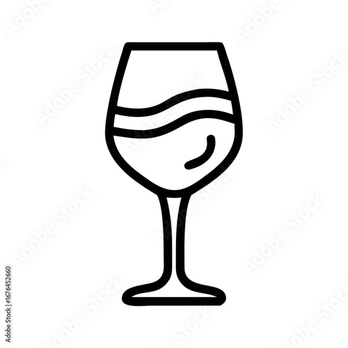 Illustration of a wine glass with liquid and a curved line inside on a white background design icon