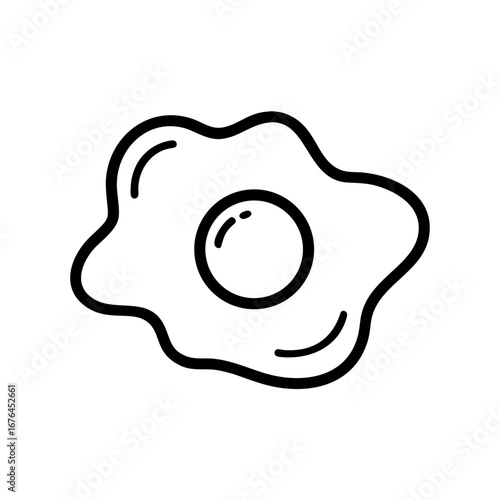 A simple line drawing of a fried egg with a runny yolk and irregular edges on a white background