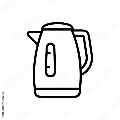 A simple line drawing of an electric kettle with a handle spout and water level indicator on the side