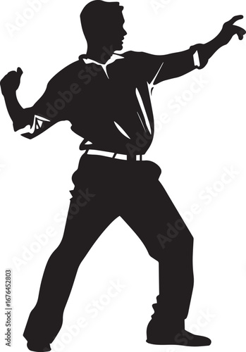 A man in a black shirt and pants, standing in a dynamic pose with one arm raised and the other arm bent at the elbow