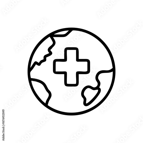 A globe with continents and a plus sign in the center representing global health and medicine concept