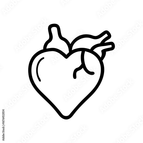Anatomical heart illustration with vessels in black outline on a white background design element icon