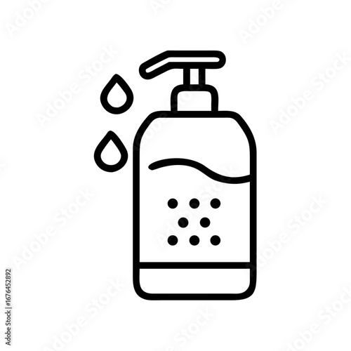 Illustration of a lotion dispenser with liquid inside and drops falling on the side in black outline
