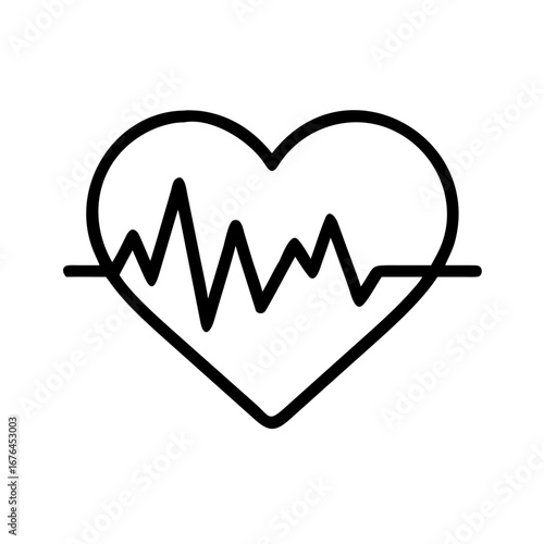 Heartbeat line inside a heart shape representing cardiology and health monitoring in a simple black outline