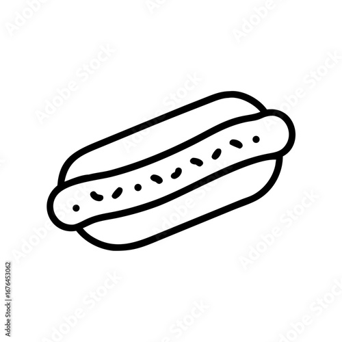 Outline drawing of a hotdog with a sausage in a bun and small black dots on top of the sausage design