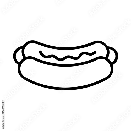 Simple black outline drawing of a hot dog with mustard on a white background illustration design style