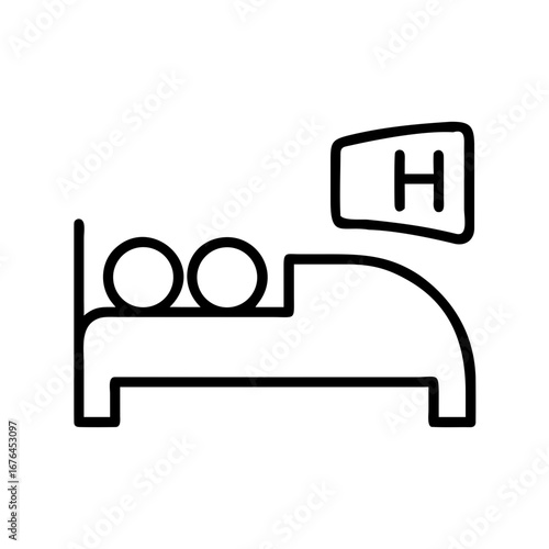 Outline illustration of a hotel bed with two people and the hotel symbol next to the bed graphic
