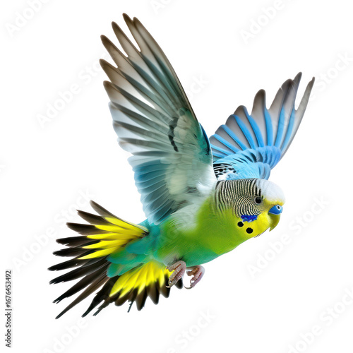 A colorful parakeet in flight against a transparent background.