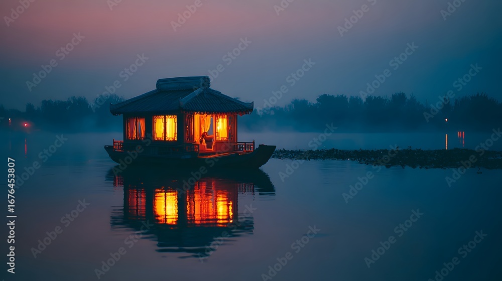 Fototapeta premium A serene, illuminated houseboat floats on a still lake at dusk, bathed in warm light from within.