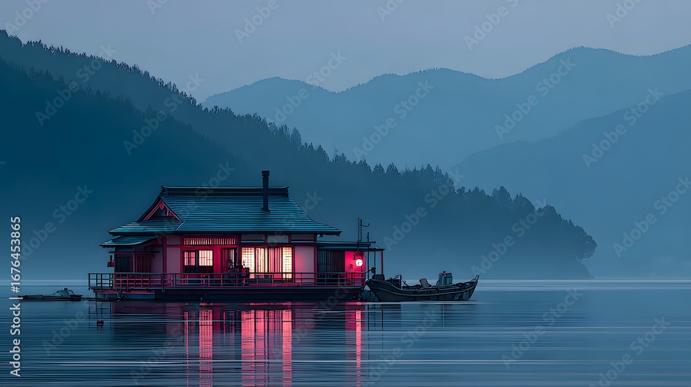 Fototapeta premium Serene lake house at dawn, illuminated by soft pink light, nestled amongst misty mountains.
