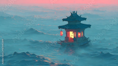 Wallpaper Mural A serene, stylized pagoda-like structure floats on a misty sea, lit by warm, glowing lanterns. Torontodigital.ca