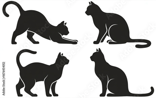 Four elegant black cat silhouettes in various poses on a white background
