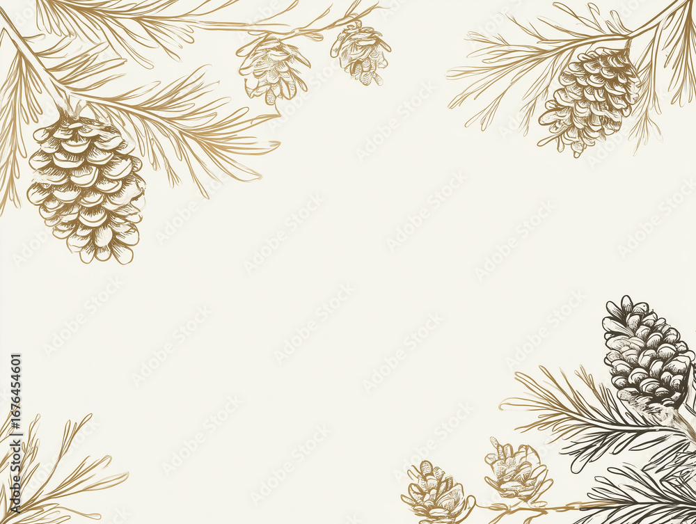 Naklejka premium Pinecone and branch line art frame on white background