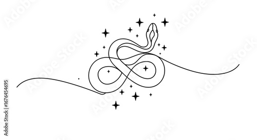 Serpentine Constellation: A minimalistic, line art illustration depicts a stylized serpent intertwined with celestial stars, exuding an aura of mysticism and cosmic wonder.