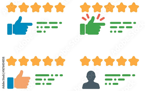 Customer feedback with star ratings and thumbs up, showing satisfaction and positive reviews.