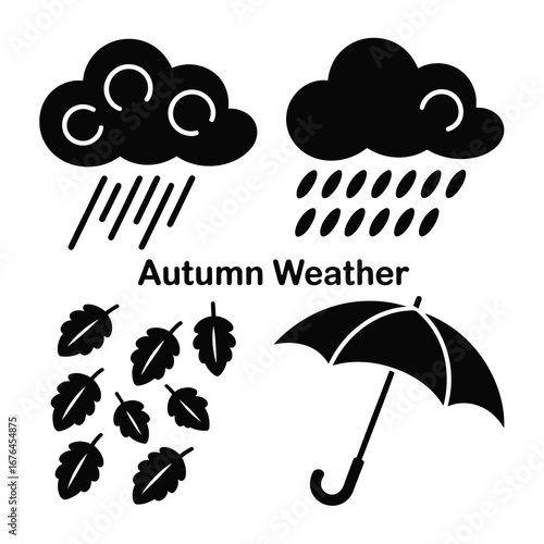 Autumn weather icons featuring falling rain leaves and umbrella symbolizing seasonal change
