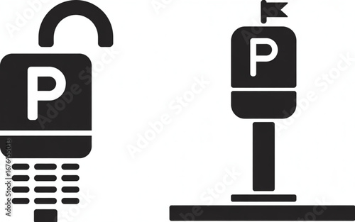 Two modern parking meters, one unlocked and one with a flag indicating availability.