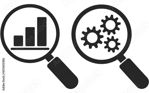 Magnifying glasses reveal growth chart and gears, symbolizing analysis and mechanics.