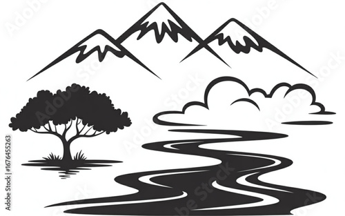 Stylized mountain landscape with a winding river and solitary tree under a cloudy sky