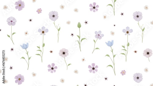 Seamless Pattern of Purple and Blue Flowers with Green Leaves on White Background for Textile Design