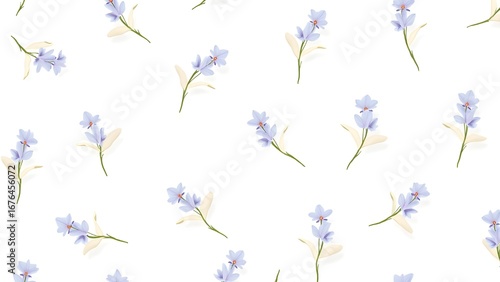 Seamless Pattern of Purple and Blue Flowers with Green Leaves on White Background for Textile Design
