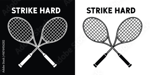 Two crossed tennis rackets with the text strike hard, representing sport and competition, in black and white, isolated on a contrasting background