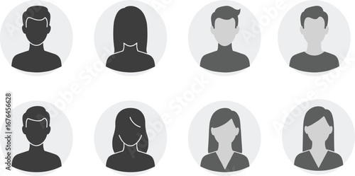 Collection of avatar profile icons, people silhouette, user placeholder, social media default picture, business team member illustration, vector graphic design