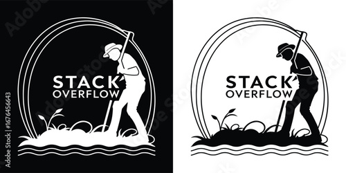 Circular emblem featuring a person digging in the ground, symbolizing programming and problemsolving, with the text stack overflow at its center, presented in both black and white