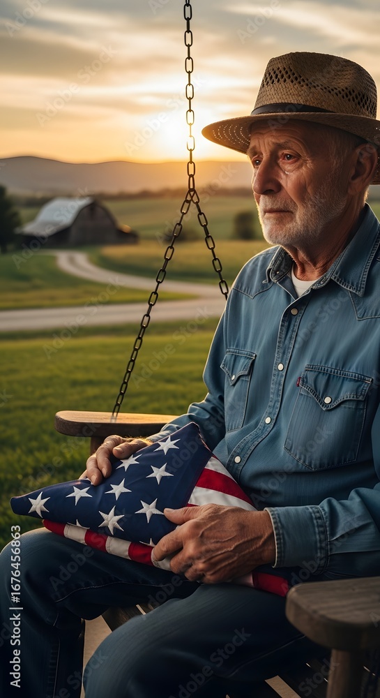 Obraz premium A veteran holding an American flag while sitting on a porch swing. 