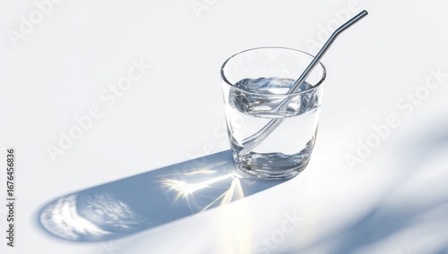Clear glass tumbler with stainless steel straw filled with water on white surface