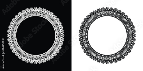 Ornate vintage decorative circular frame with intricate lacelike filigree patterns, presented in both black and white for versatile graphic design and crafting projects
