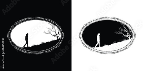 A solitary figure walks along a path through trees, depicted as a silhouette in both positive and negative artistic representations