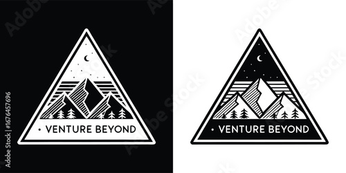 Stylized depiction of mountains and trees with the text venture beyond inside a triangle, presented in both black and white versions against contrasting backgrounds