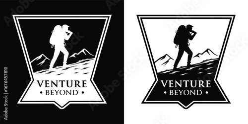 Silhouette of a hiker with a backpack ascending a slope towards mountains with the text venture beyond inside a shield shape, shown in both black and white