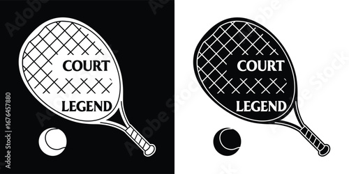 Tennis racket and ball with the words court legend inscribed on the racket, symbolizing a legendary player in the sport, presented in both black and white versions for versatile design use