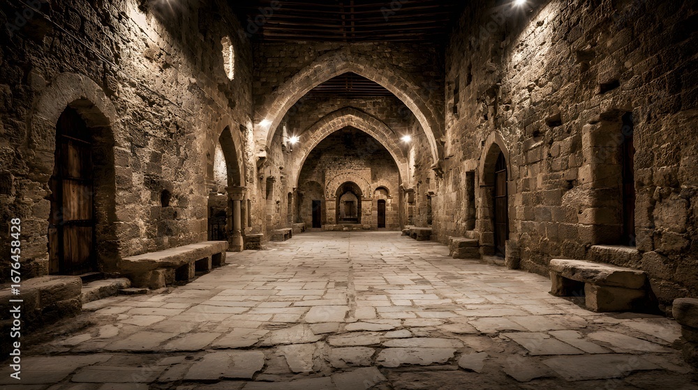 Fototapeta premium An ancient stone corridor stretches into a dimly lit, historical monastery, highlighted by arched doorways and stone benches.